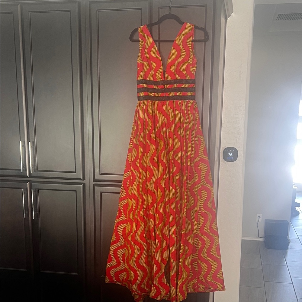 Vibrant Red & Yellow V-Neck Maxi Dress